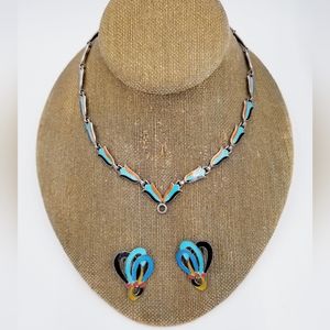 Vintage Sterling Silver 925 Enamel Enhancer Choker & Earrings Jewelry Set